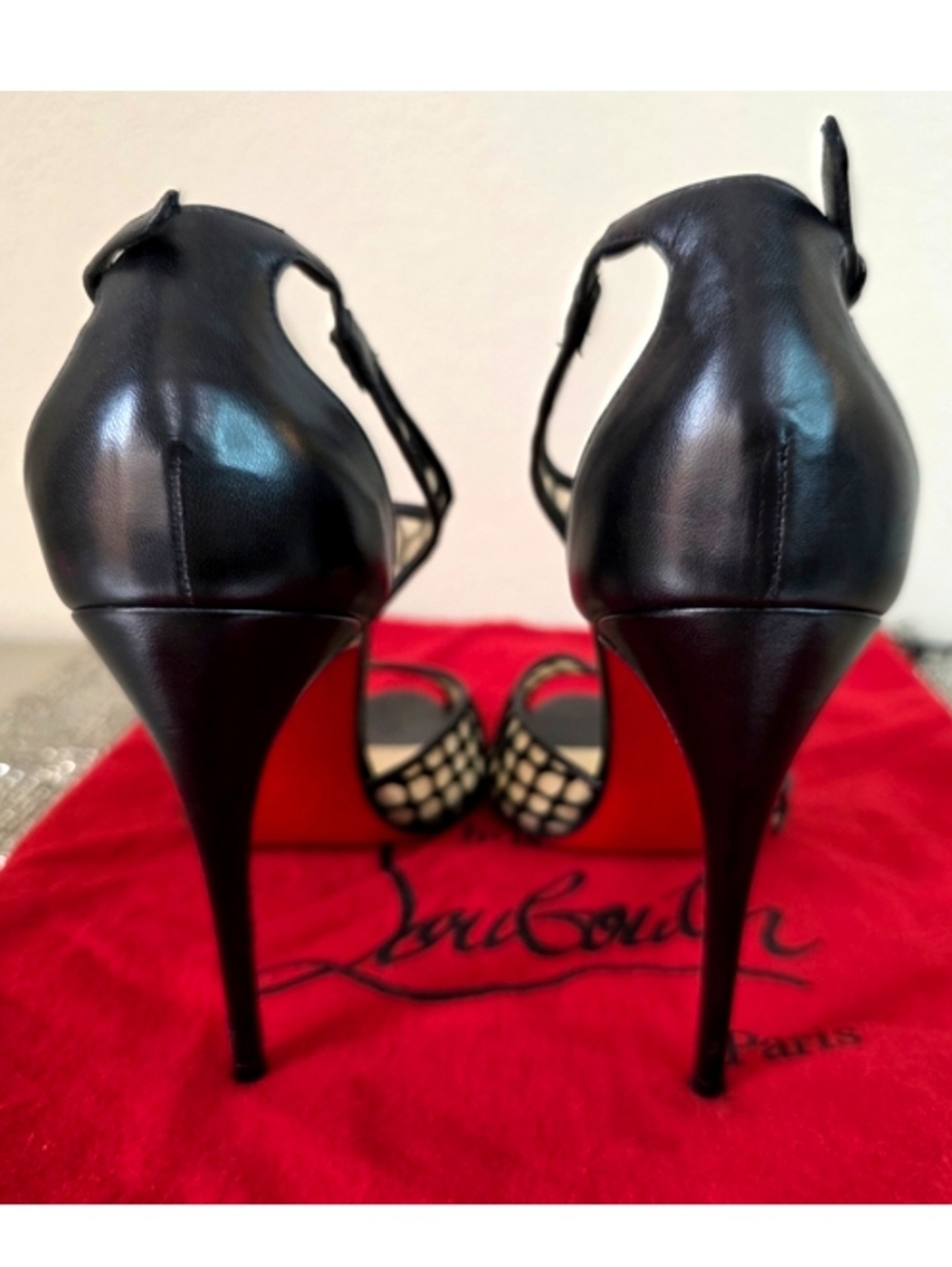 Christian Louboutin Black Leather Sheer Mesh Peep-Toe Heels EU 38 / US 8 - Picture 8 of 13